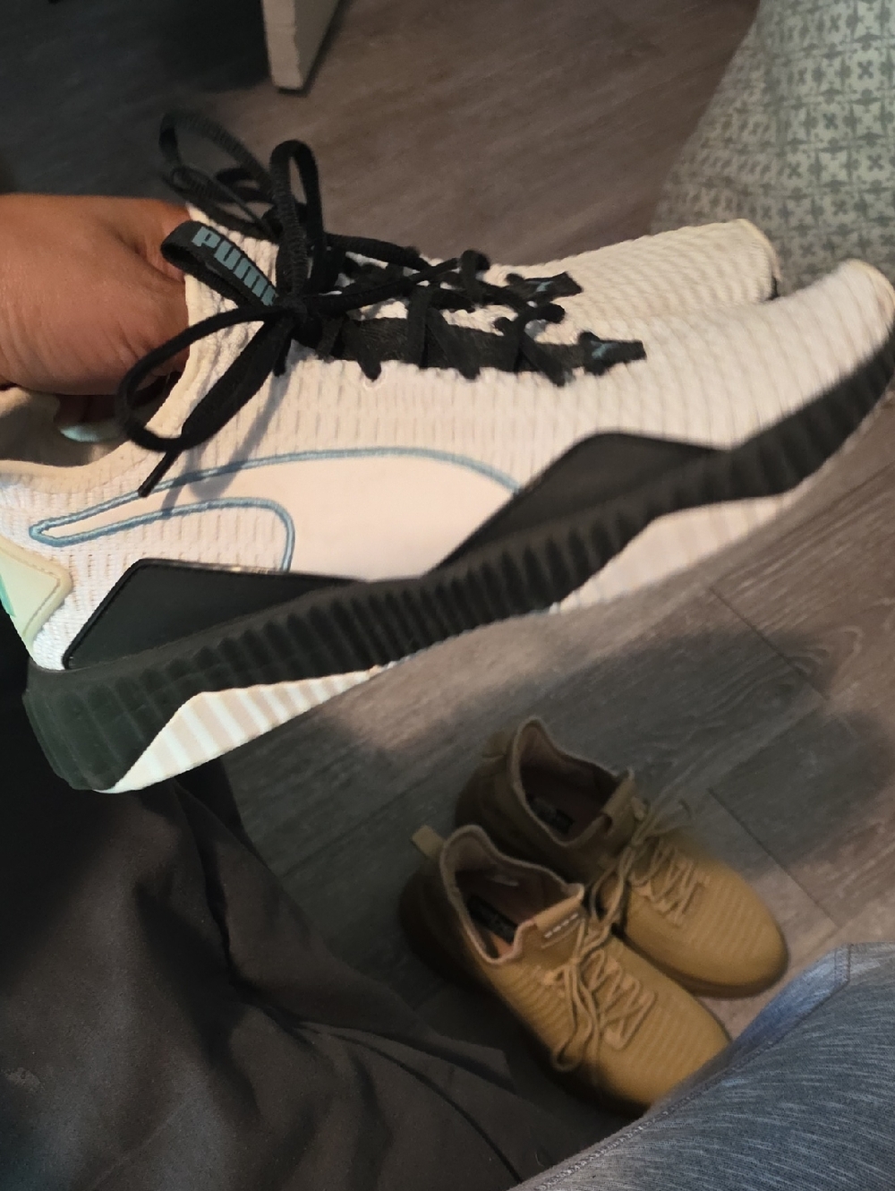 Puma White Knit Sneakers with Black and Mint Accents